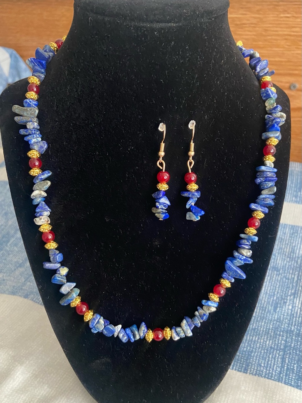 Blue Chip Necklace and Dangle Earrings with Red and Gold Accents